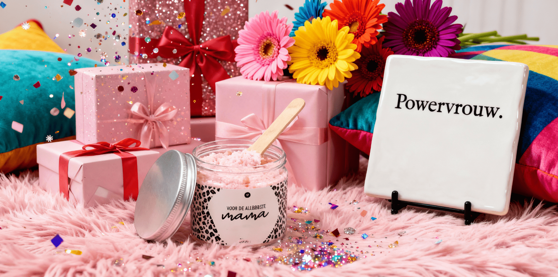 ingepakte cadeautjes met moederdagproducten zoals een witte tegel met de tekst powervrouw en mama badzout