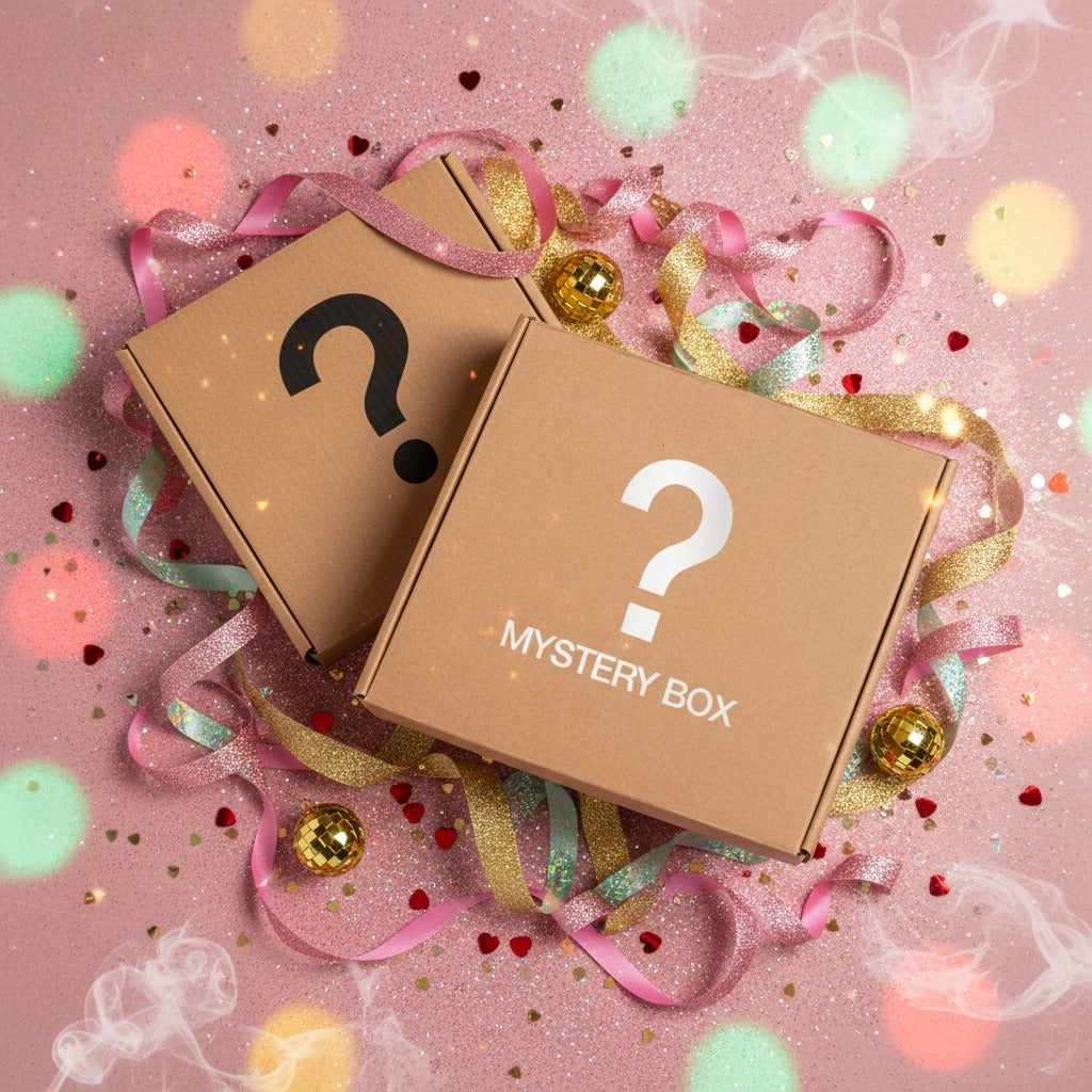 twee cadeaudoosje met een vraagteken en tekst mystery box