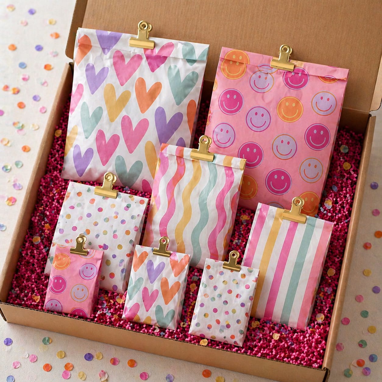 Doos vol cadeauzakken met vrolijke mysterycadeaus