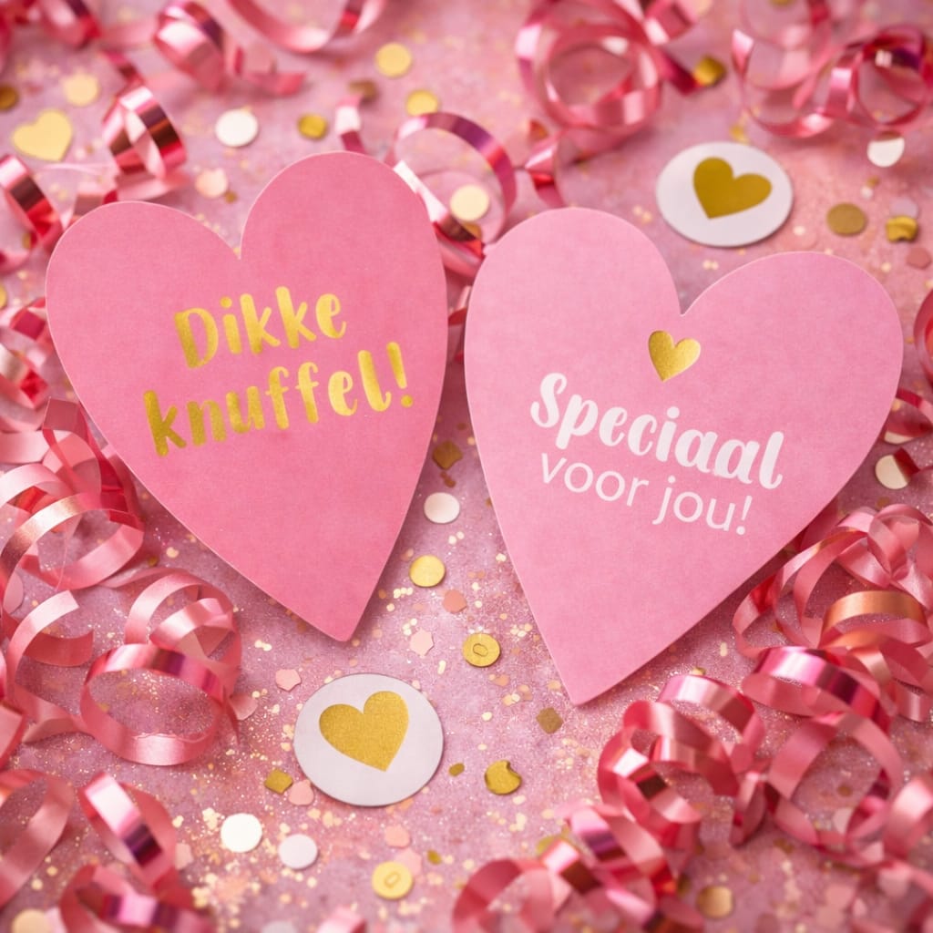 twee roze harten kaarten met de teksten dikke knuffel en speciaal voor jou
