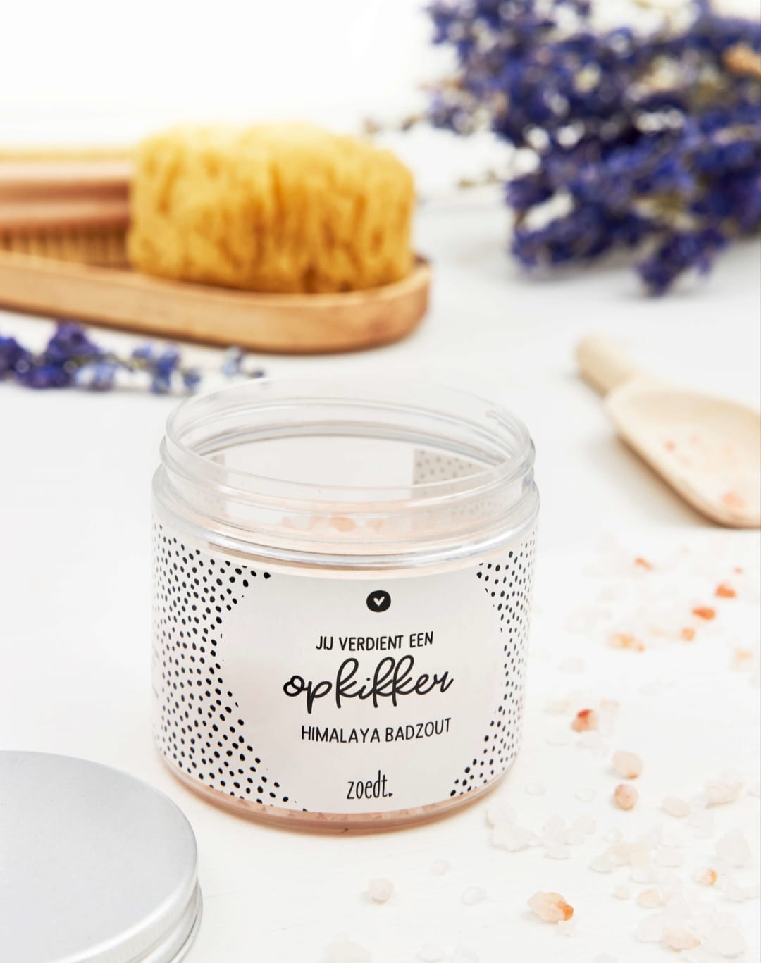 badzout in plastic potje met de tekst je verdient een opkikker