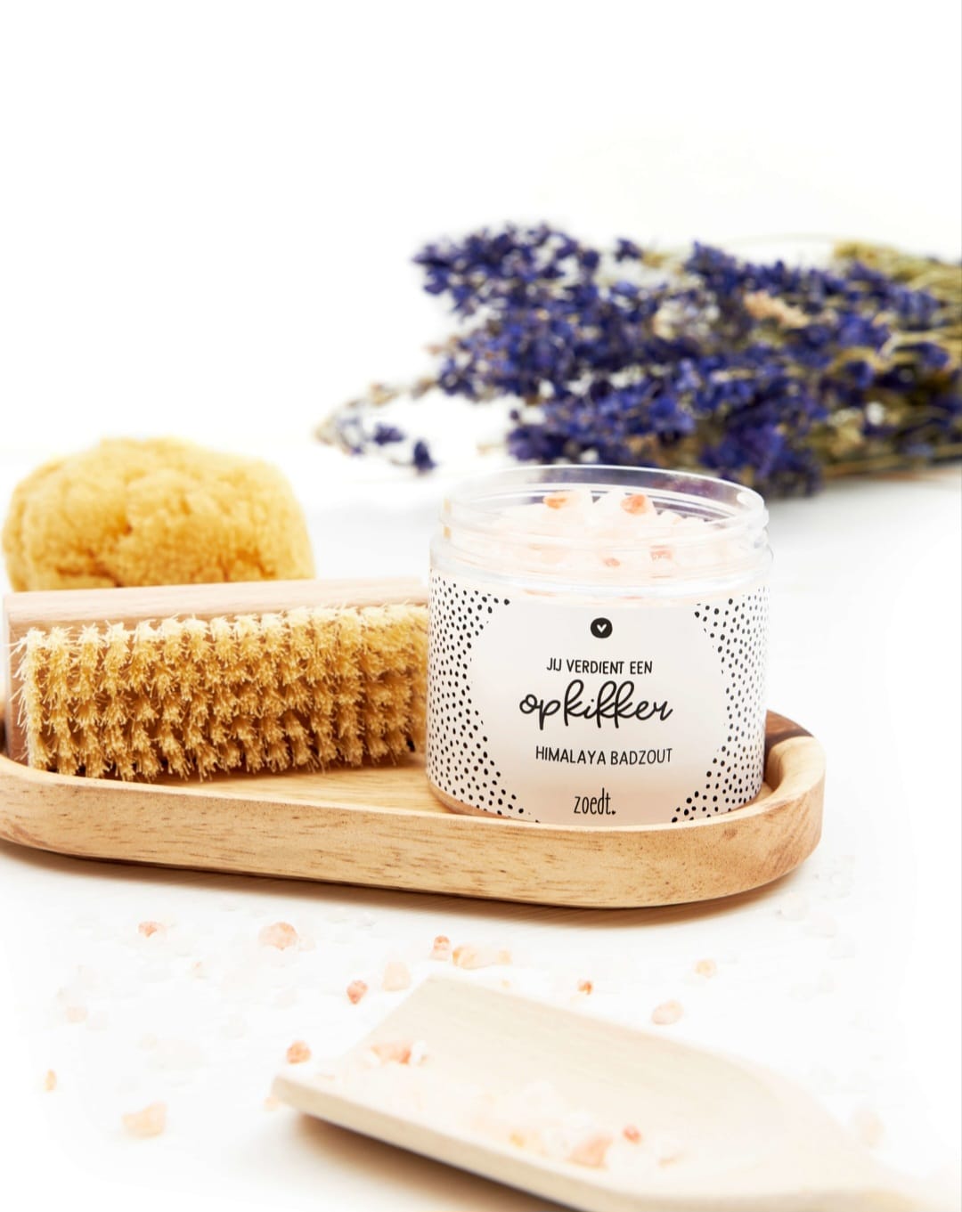 badzout in plastic potje met de tekst je verdient een opkikker