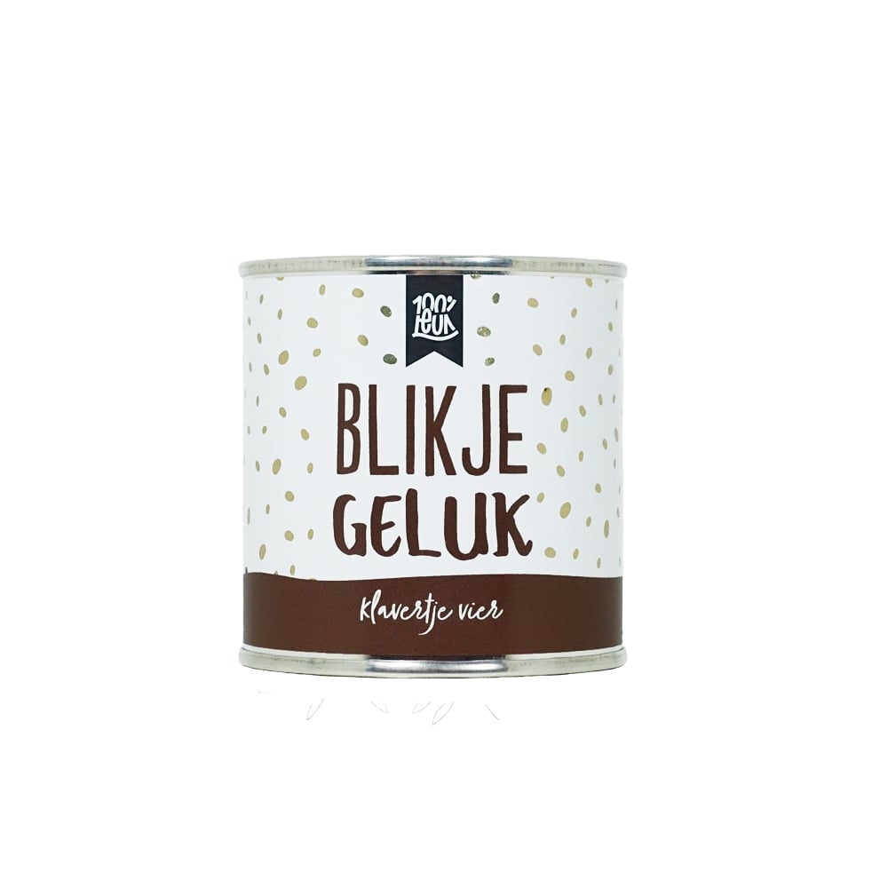 een blikje met de tekst Blikje geluk. Hierin zitten klavertjes vier