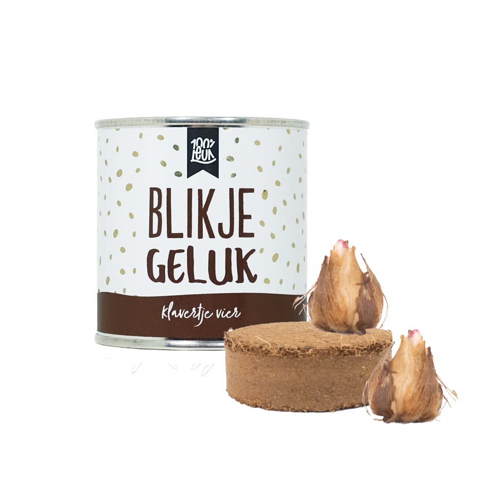 een blikje met de tekst Blikje geluk. Hiernaast staan bloembollen voor klavertjes vier