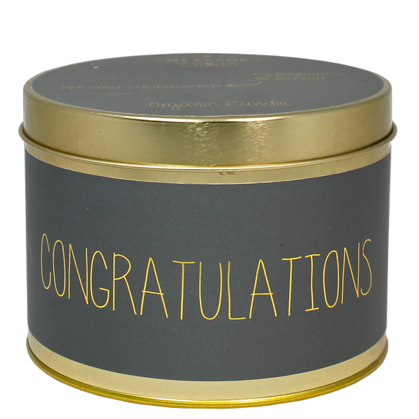 goud blikje gevuld met sojawaskaars en de tekst congratulations