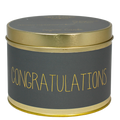 goud blikje gevuld met sojawaskaars en de tekst congratulations