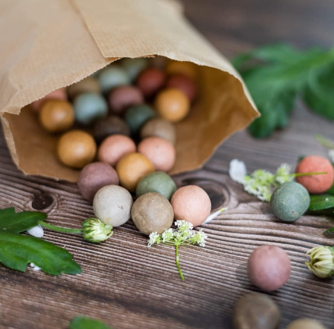 Zak met diverse gekleurde zaadbommetjes