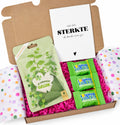 Je verdient geluk complimenten thee, Wenskaart heel veel sterkte en drie heerlijke Tony Chocolonely mini's