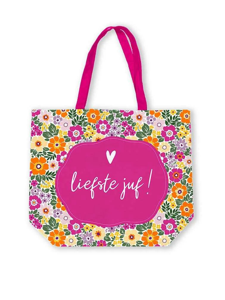 Gebloemde canvas tas XL met de tekst Liefste Juf!