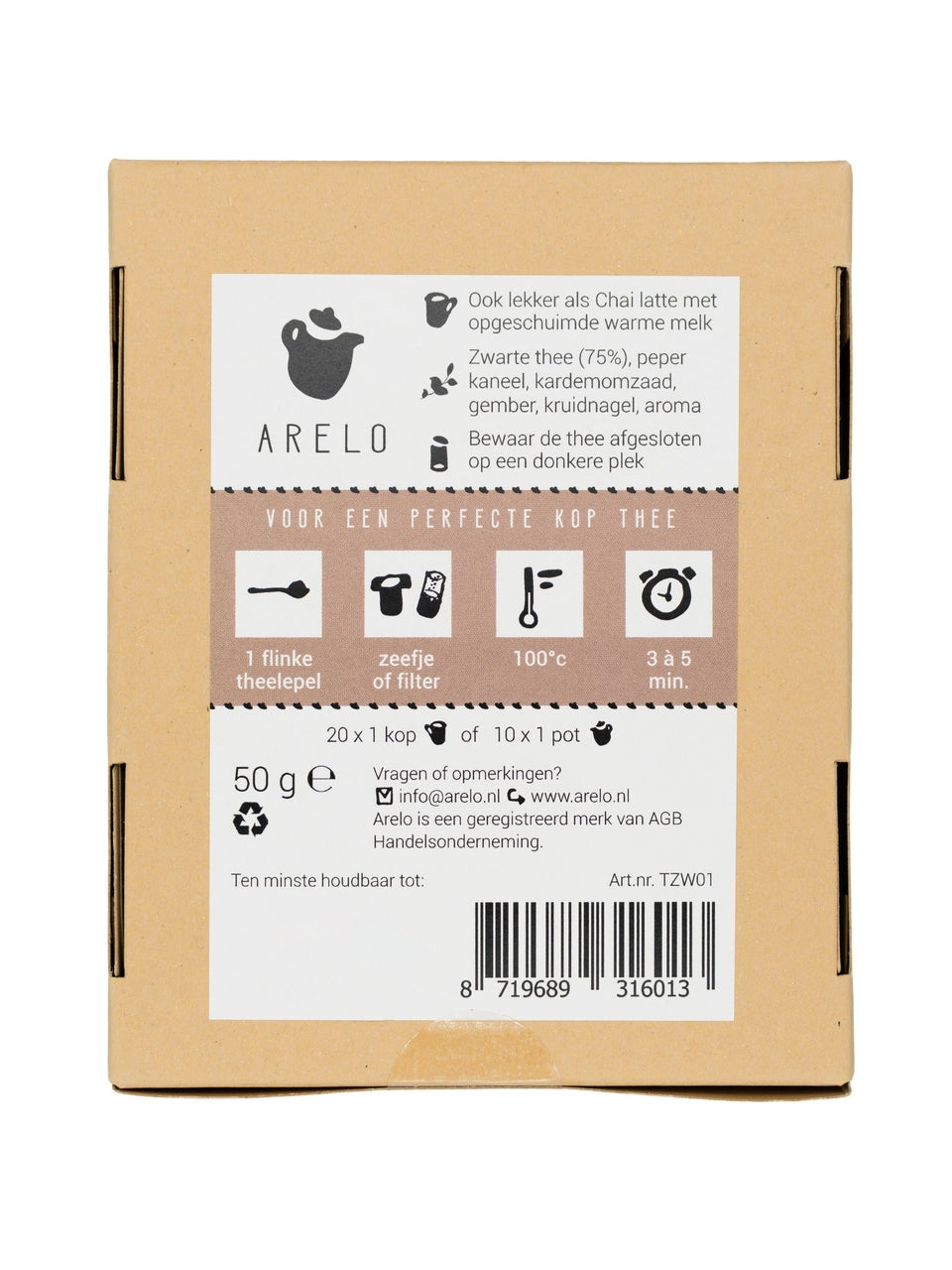 ingrediëntenlijst van chai thee in een vierkant bruin doosje