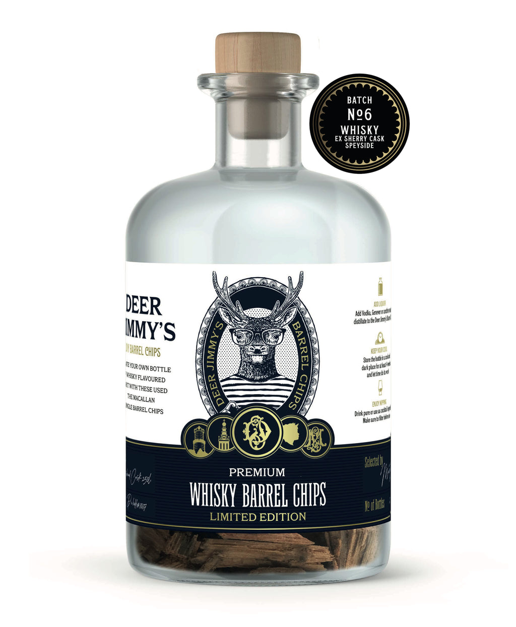 Fles DIY whisky gevuld met whisky barrel chips