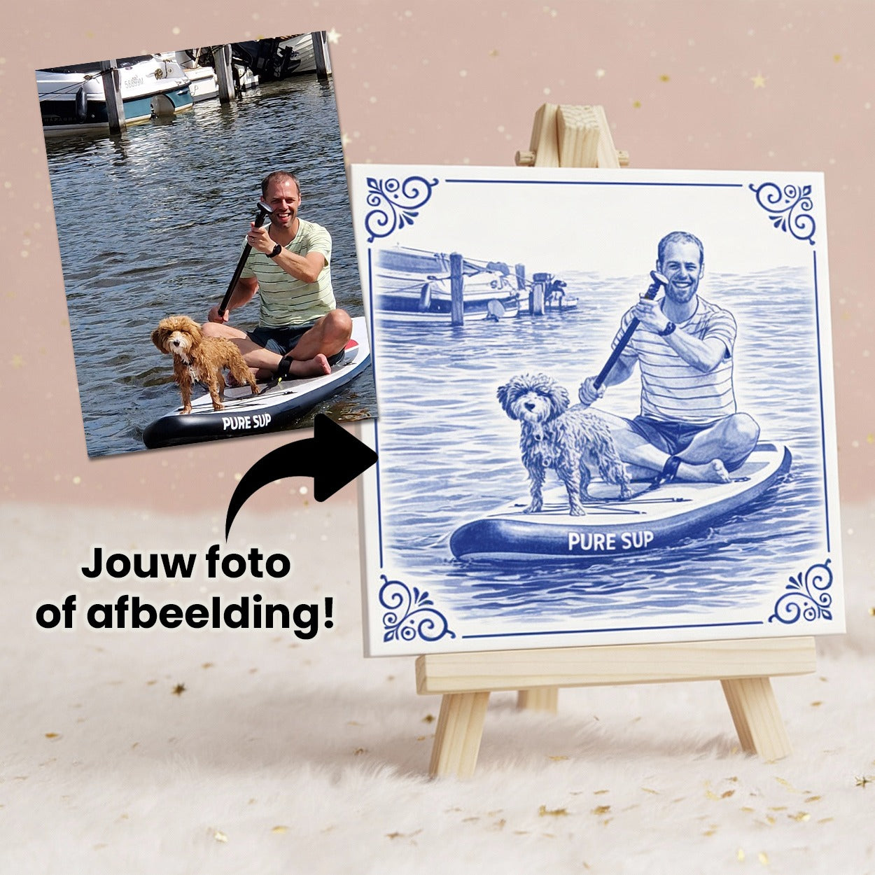 Fototegel met eindresultaat van foto naar delftsblauwe afbeelding op tegel