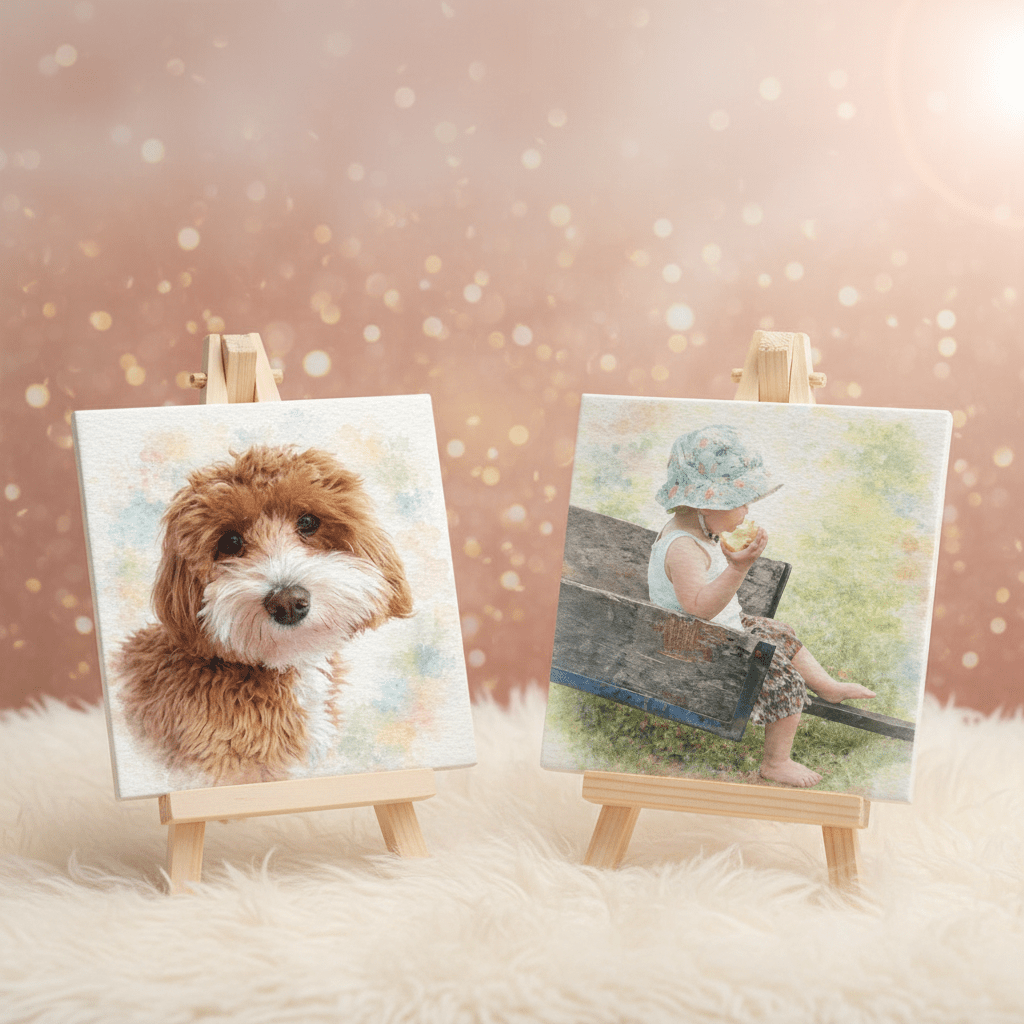 Eindresultaat van een fototegel met hond en kindje