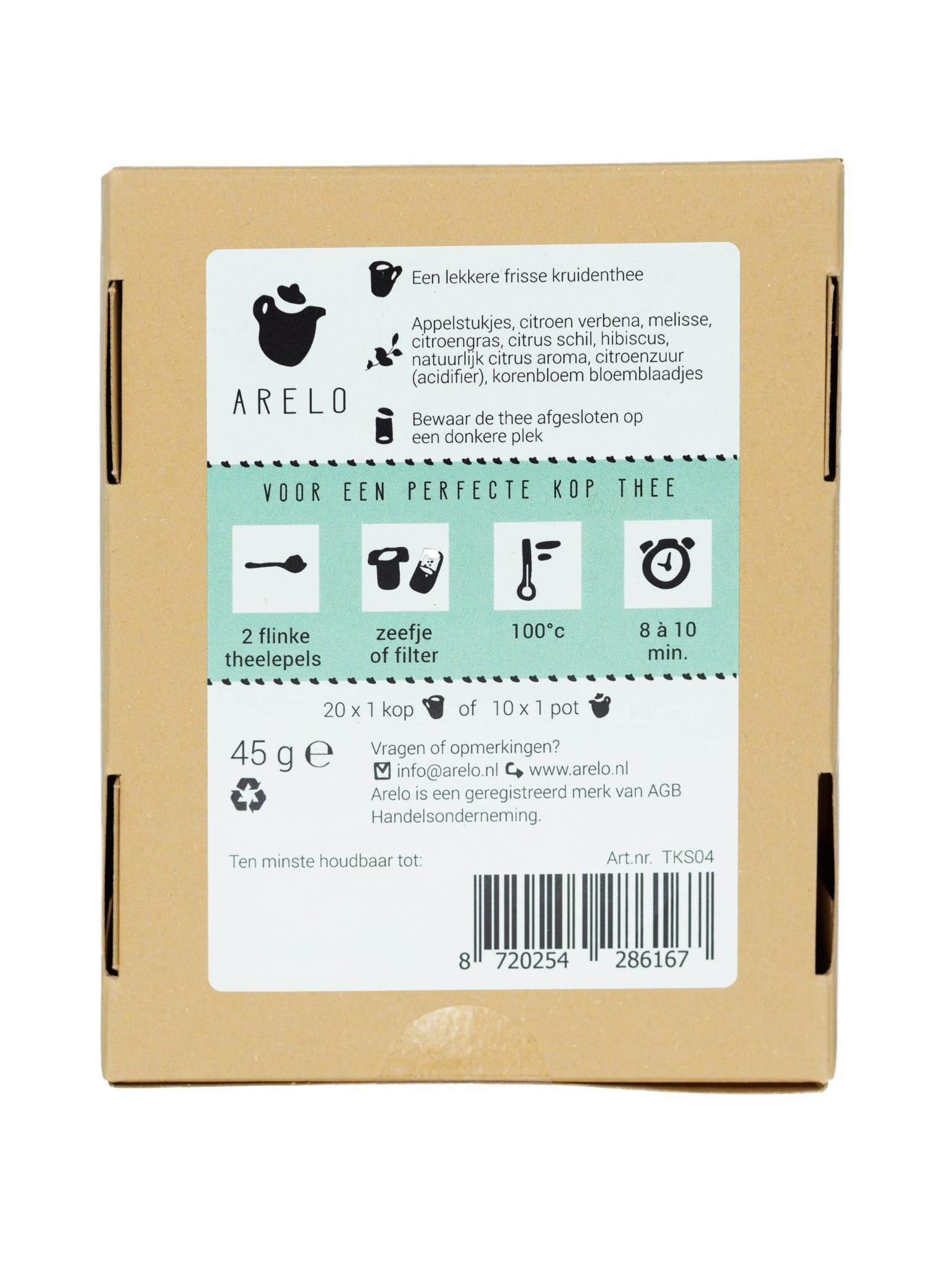 ingrediëntenlijst met losse fitte thee in een bruin doosje