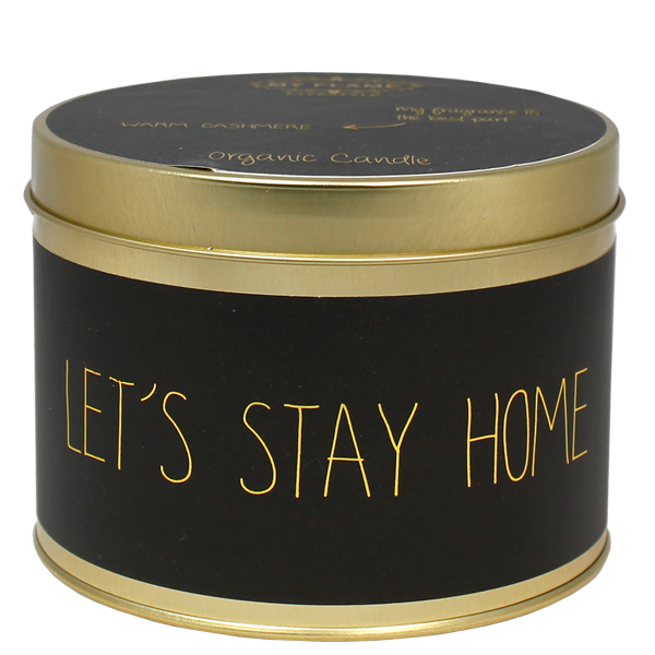 Geurkaars goud en zwart met de tekst Let's stay Home welke dicht zit