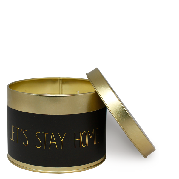 Geurkaars goud en zwart met de tekst Let's stay Home welke openstaat