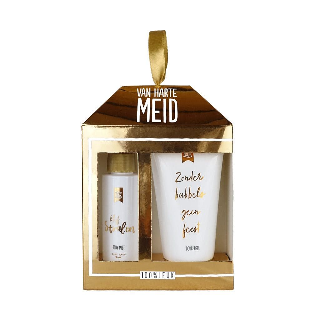 Giftset van harte meid met een bodymist en douchgel verpakt in een gouden verpakking