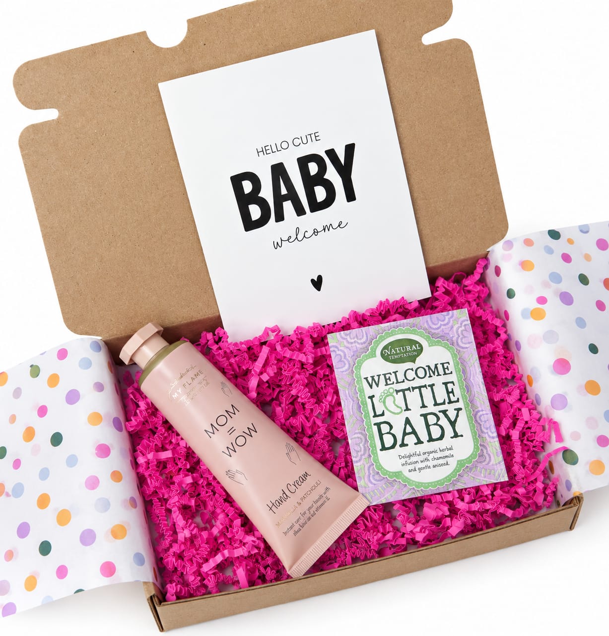 Hoera een baby brievenbuscadeau met handcreme, thee en een wenskaart