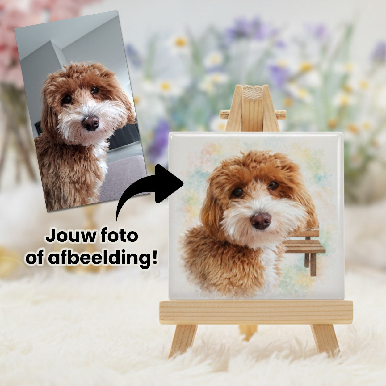 Resultaat van een foto die op een tegel afgedrukt is in aquarel stijl