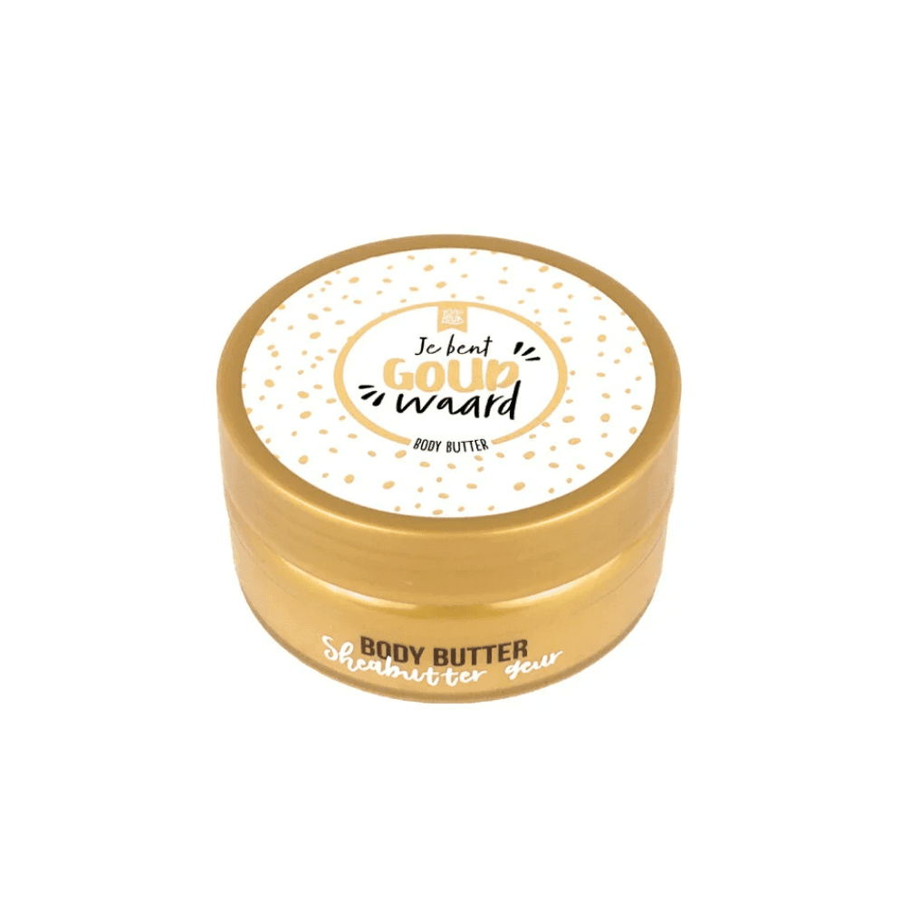 Gouden pot gevuld met bodybutter met de tekst je bent goud waard. 