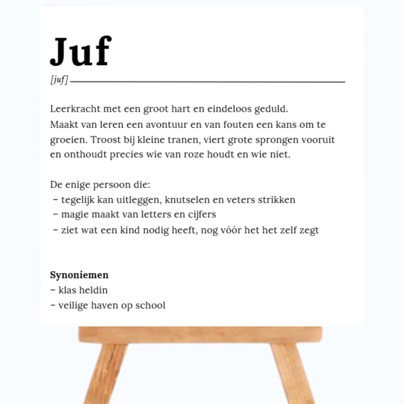 wit tekst tegeltje met een woordenboek tekst juf