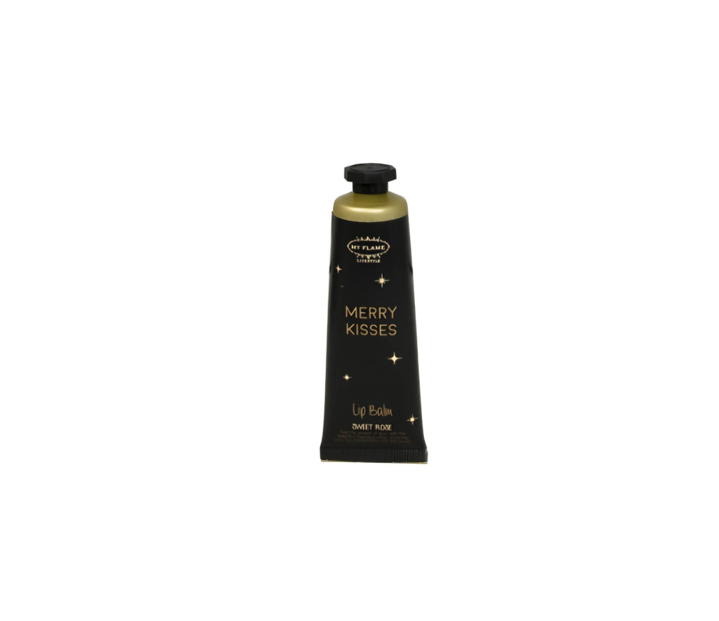 Lippenbalsem in zwart gouden tube met de tekst Merry Kisses