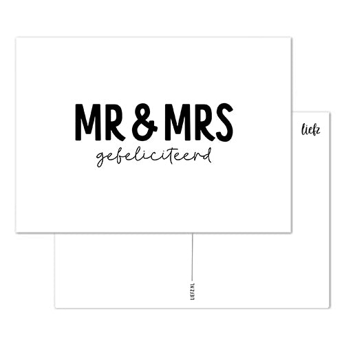 witte wenskaart met de zwarte tekst mr & mrs gefeliciteerd
