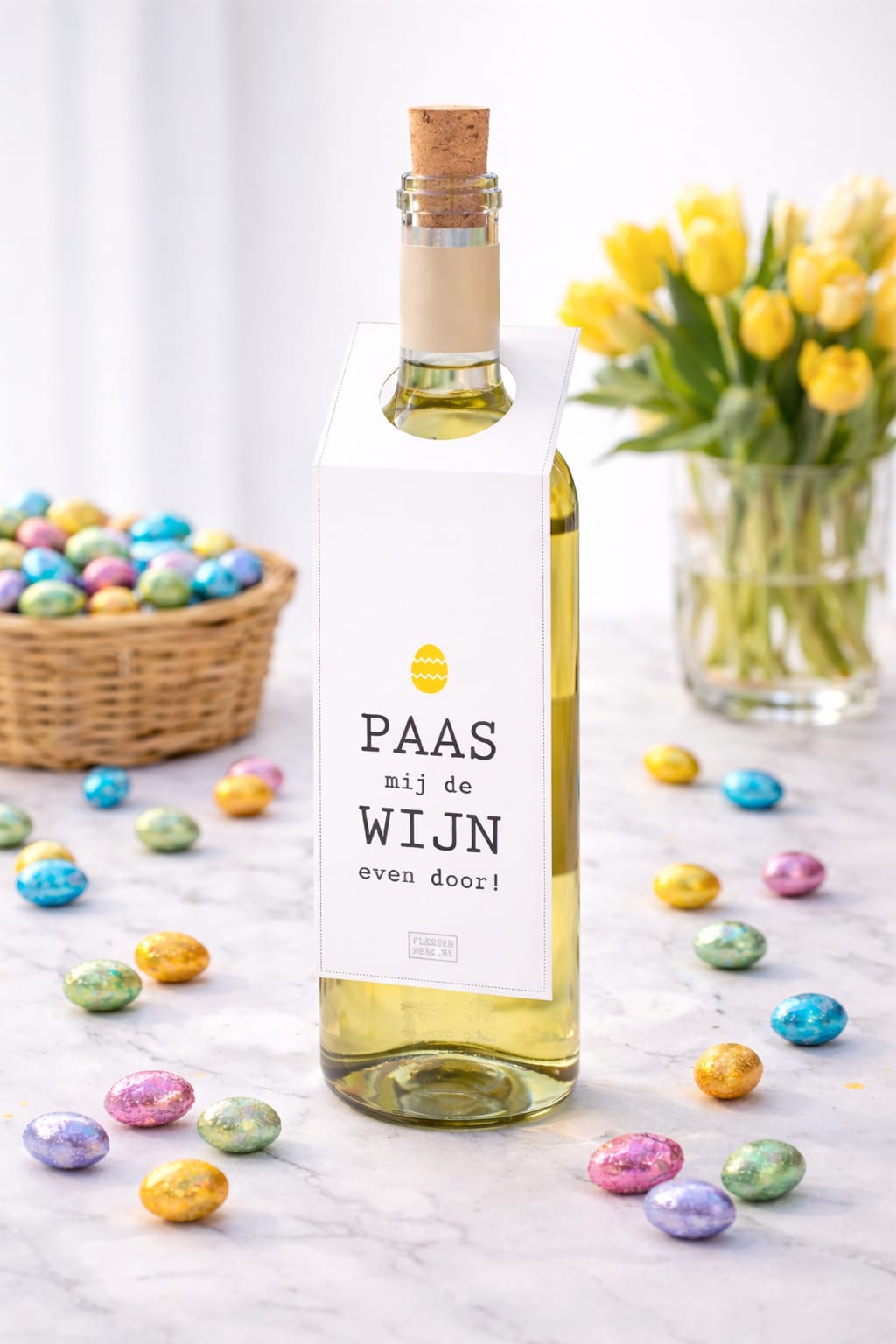 fles met witte wijn en een witte flessenhanger eraan met de tekst paas mij de wijn even door!