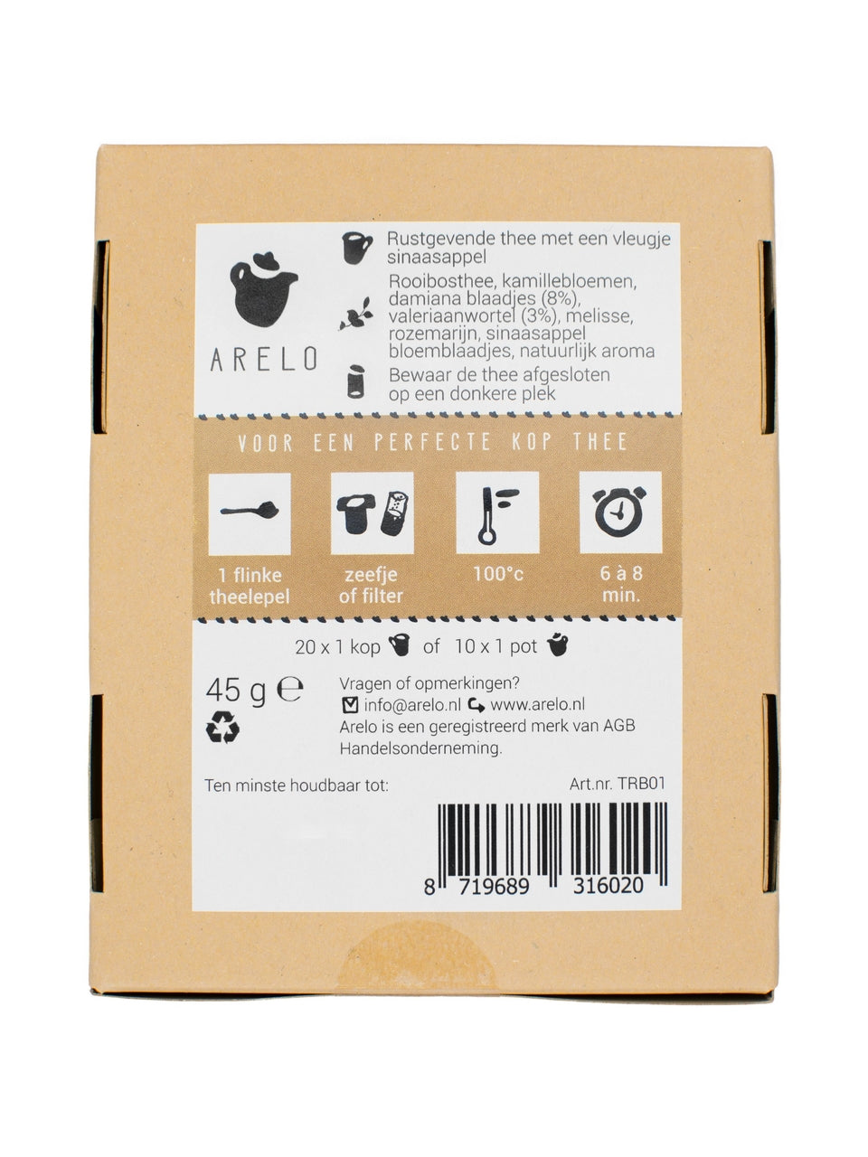 ingrediëntenlijst van losse rooibos thee in een vierkant bruin doosje