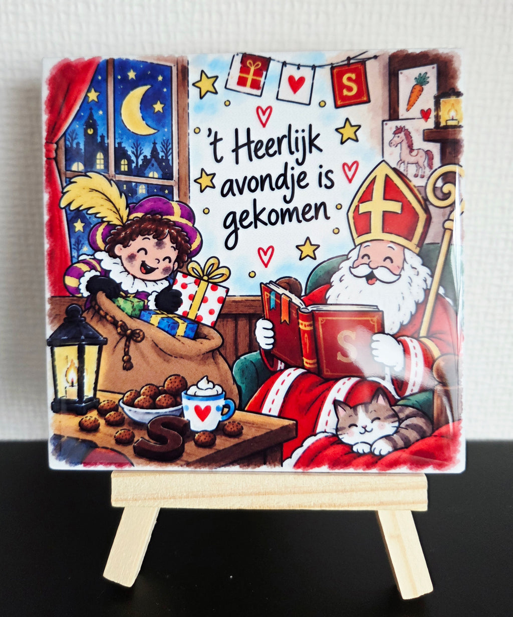 Sinterklaas Tegeltje - 't Heerlijk avondje is gekomen met een vrolijk pietje die een zak vasthoudt en een Sinterklaas met het grote boek