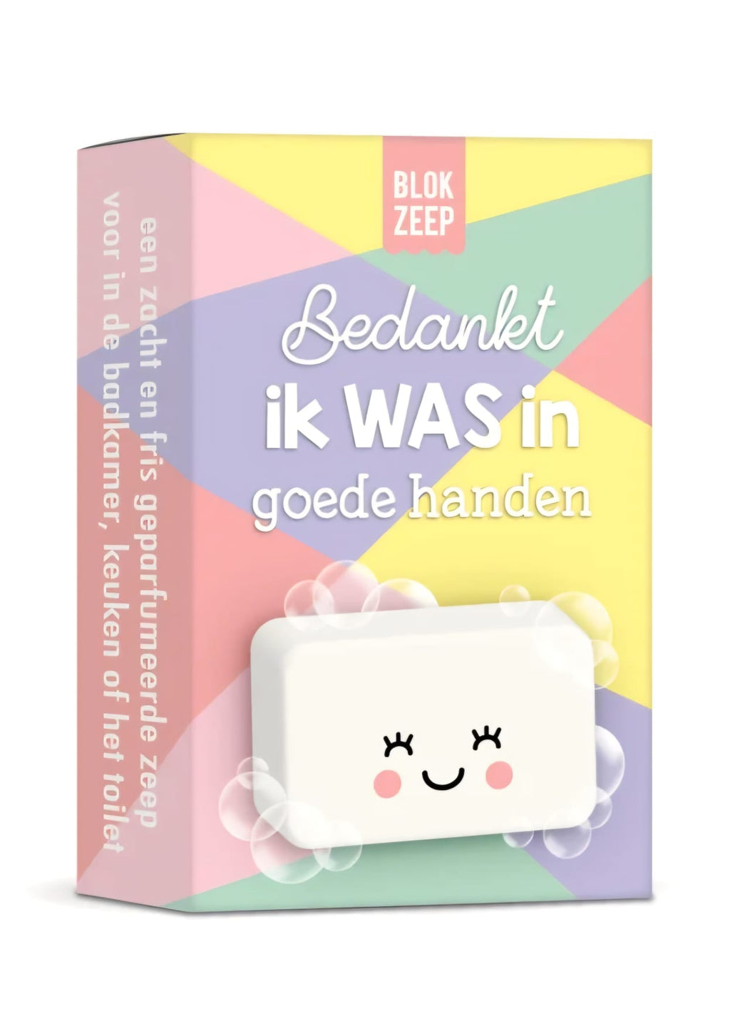 Zeepblok met smiley en in een doosje met de tekst bedankt ik was in goede handen