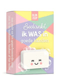 Zeepblok met smiley en in een doosje met de tekst bedankt ik was in goede handen