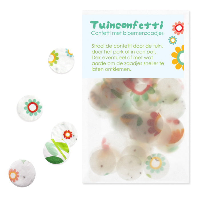 Zakje met tuinconfetti waar bloemenzaadjes in zitten. 