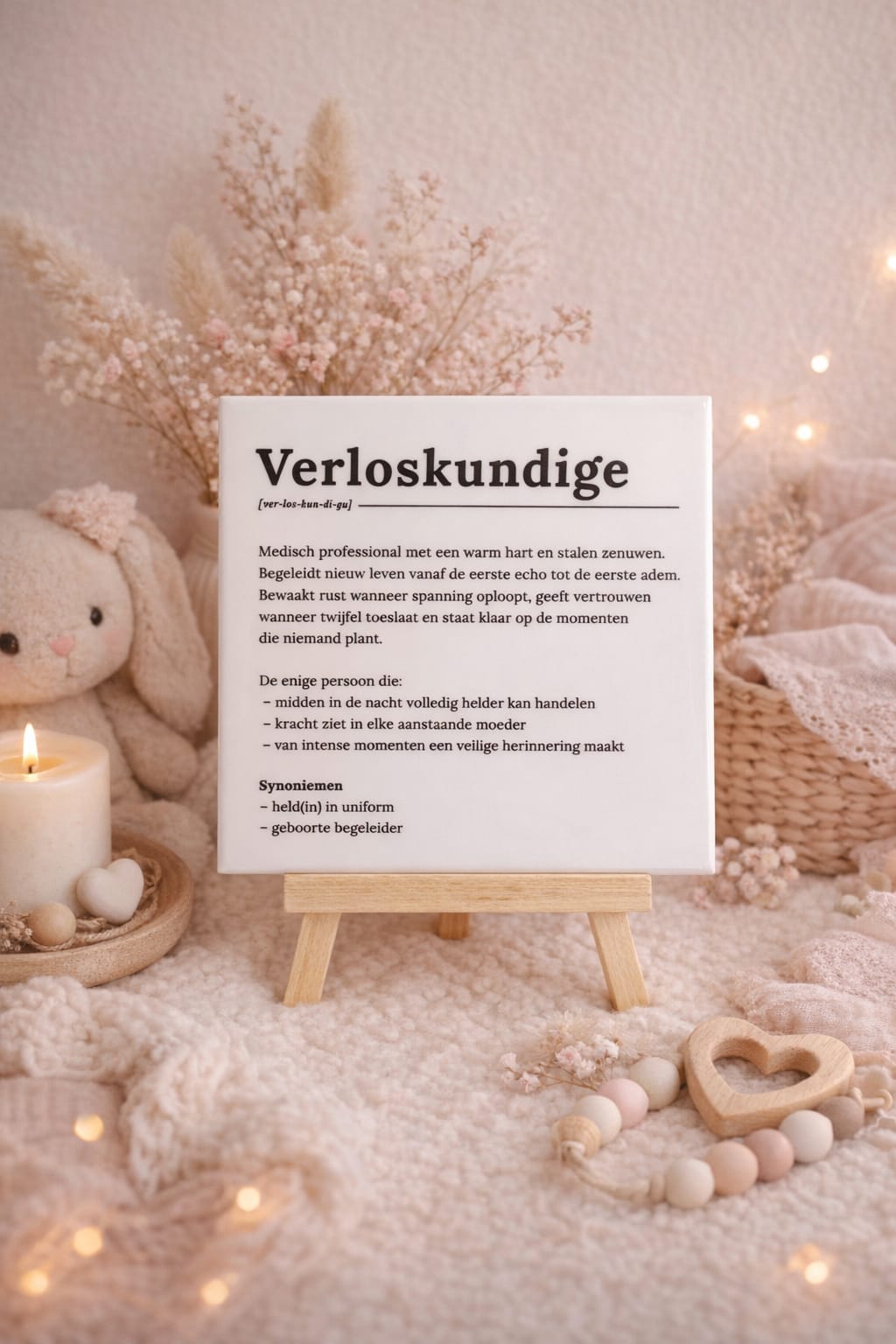 Witte tegel met de tekst 'verloskundige' waarbij tekst uitgeschreven wordt als woordenboek tekst