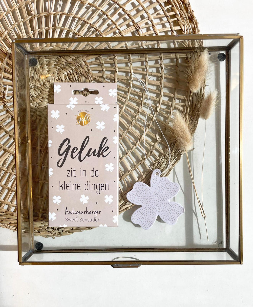 geurhanger in de vorm van een klavertje vier en een doosje met de tekst van geluk zit in de kleine dingen