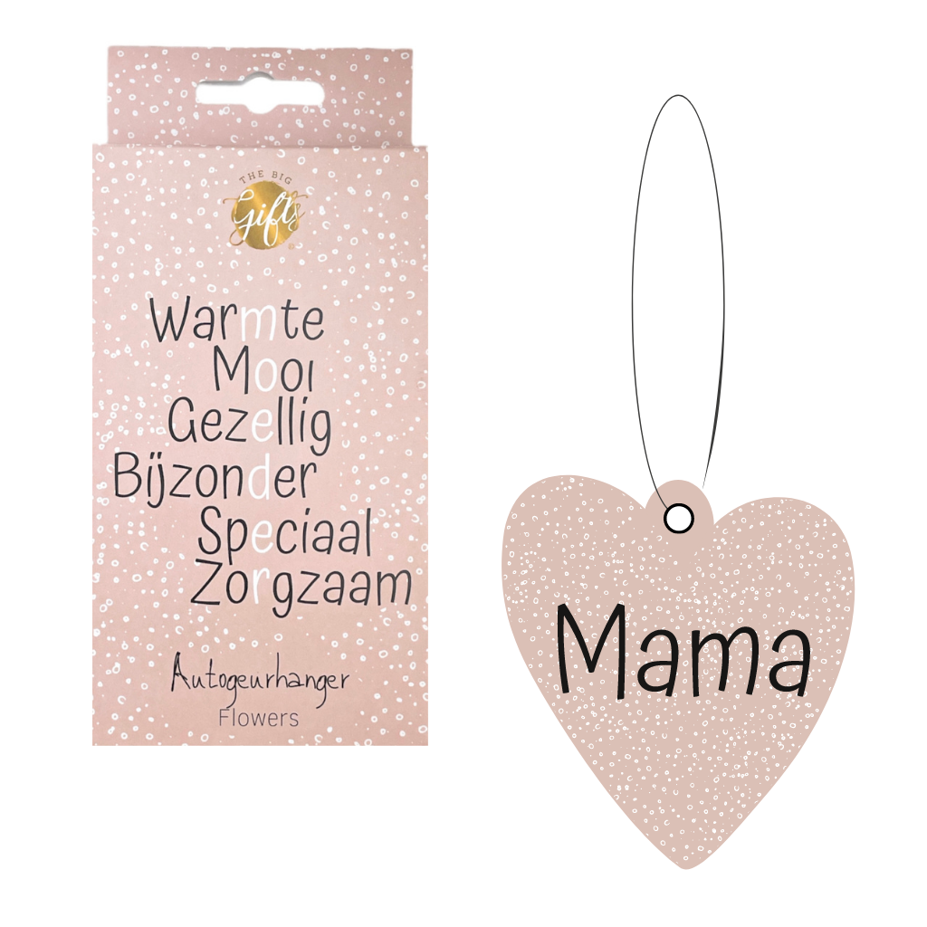 geurhanger met de tekst mama erop en een doosje met de tekst moeder