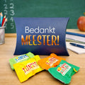 blauw gondeldoosje met tony chocolony en de tekst bedankt meester