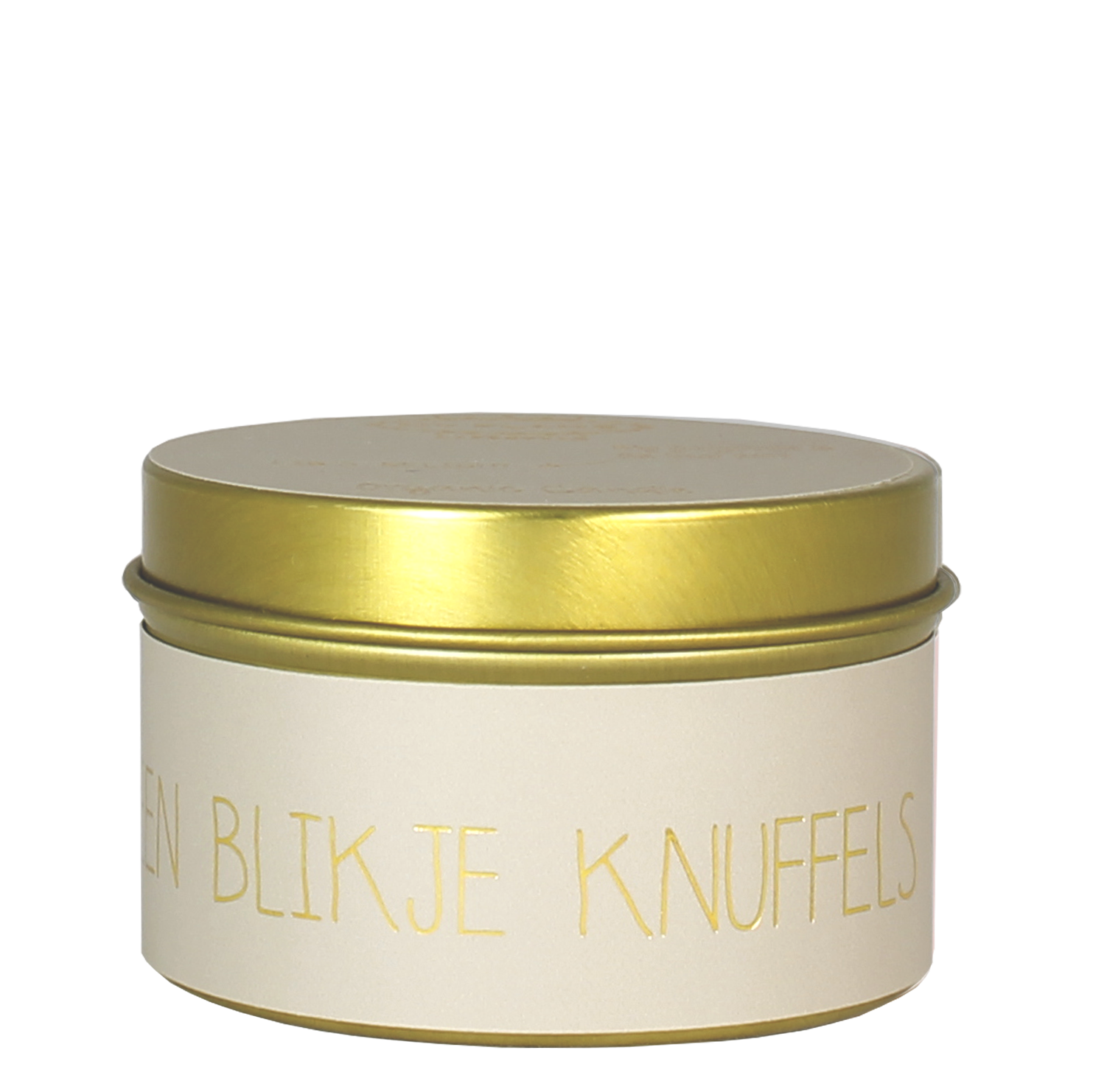 goud blikje gevuld met sojawaskaars en de tekst een blikje knuffels