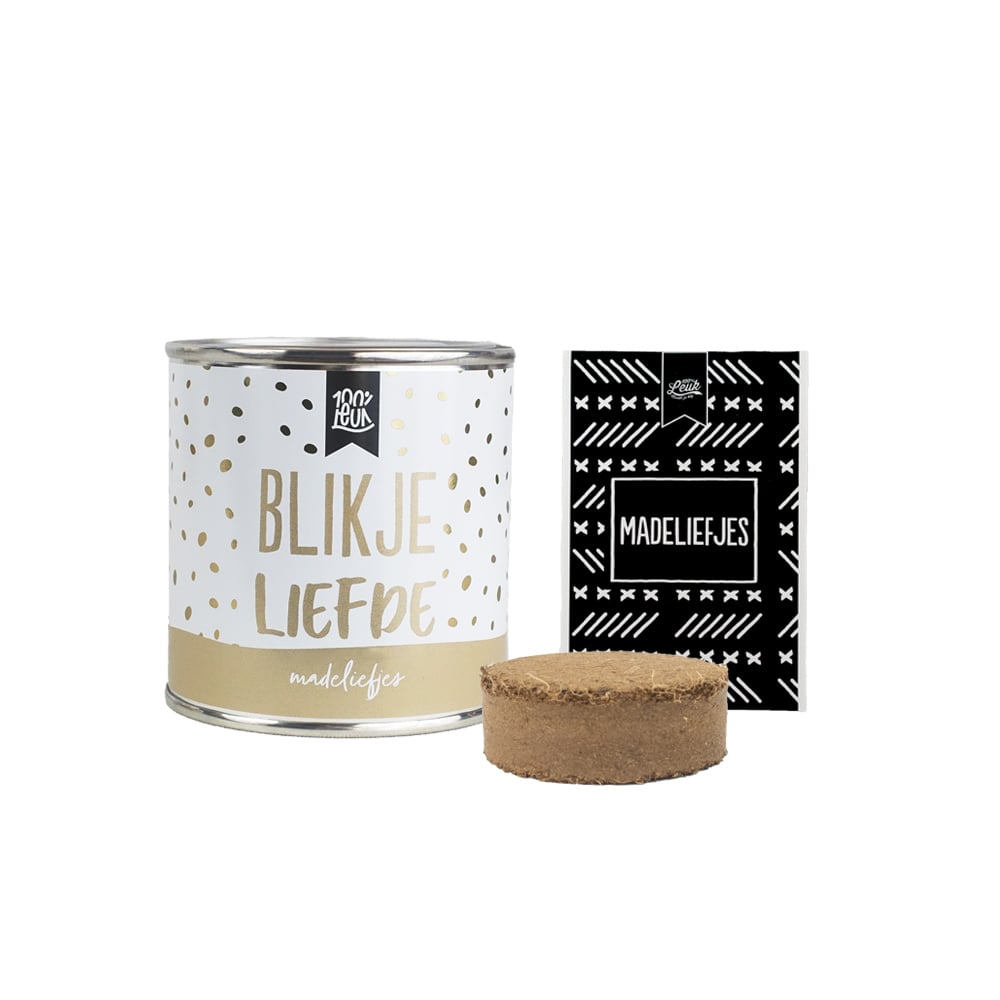 een blikje met de tekst Blikje liefde. Hiernaast staan madeliefjes