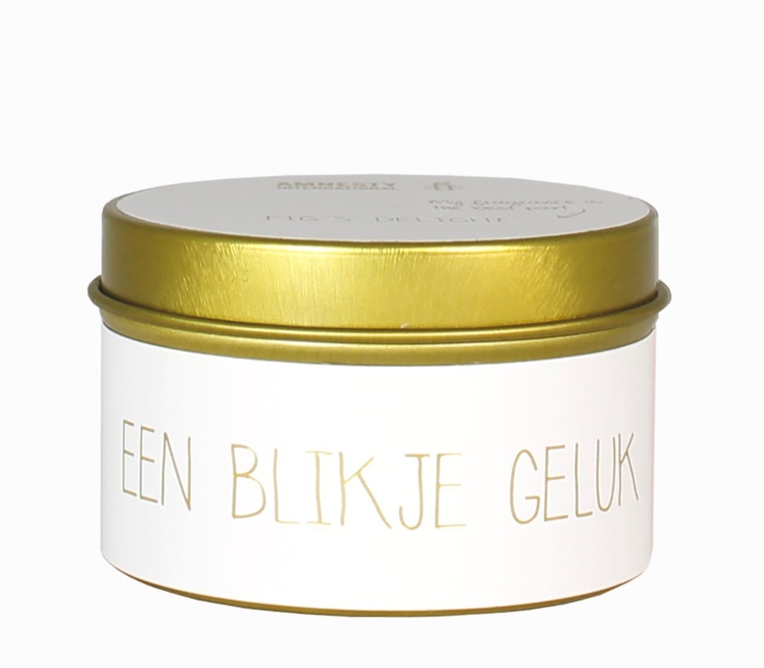 Wit sojawaskaarsje in blik met de tekst blikje geluk