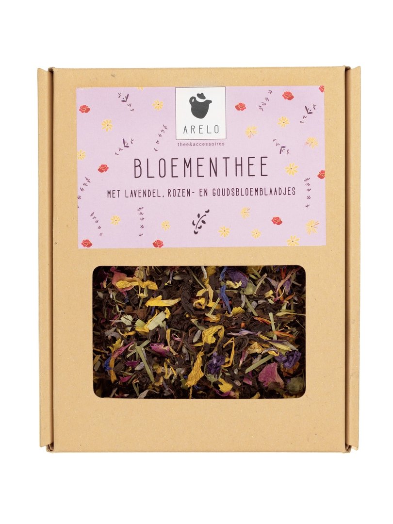 bruin doosje met losse thee en de tekst bloementhee
