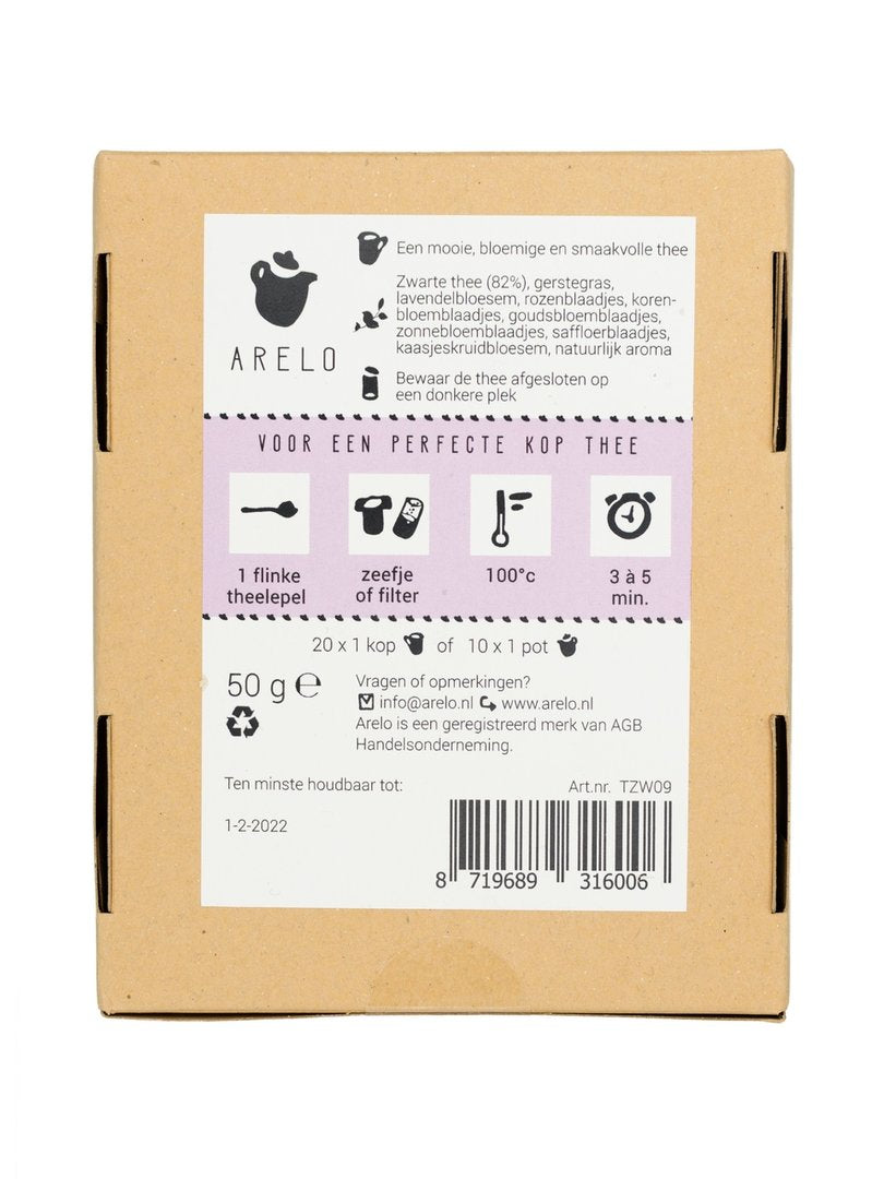 bruin doosje met losse thee en de tekst bloementhee achterkant