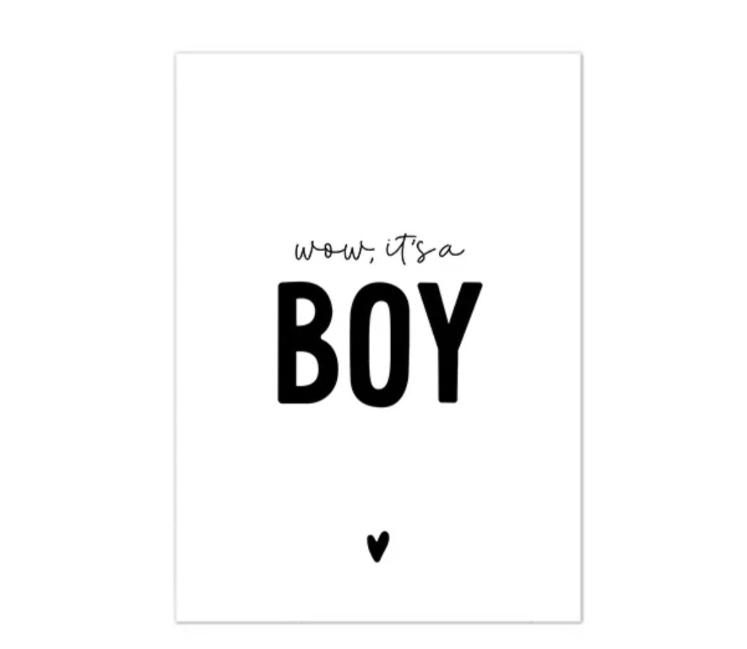 witte wenskaart met zwarte tekst wow, it's a boy