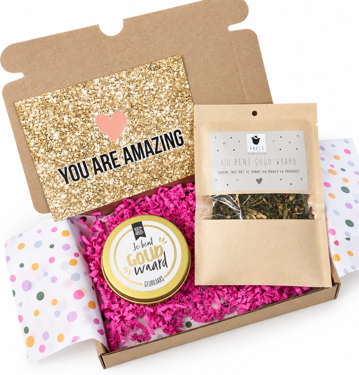 brievenbuscadeau je bent goud waard Heerlijke thee in een zak met de tekst 'Je bent goud waard', Geurkaarsje met de tekst 'Je bent goud waard' en een wenskaart met de tekst 'you are amazing'.&nbsp;