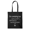 zwarte katoenen campingtas met de tekst voor de wc rol, krant en warme broodjes