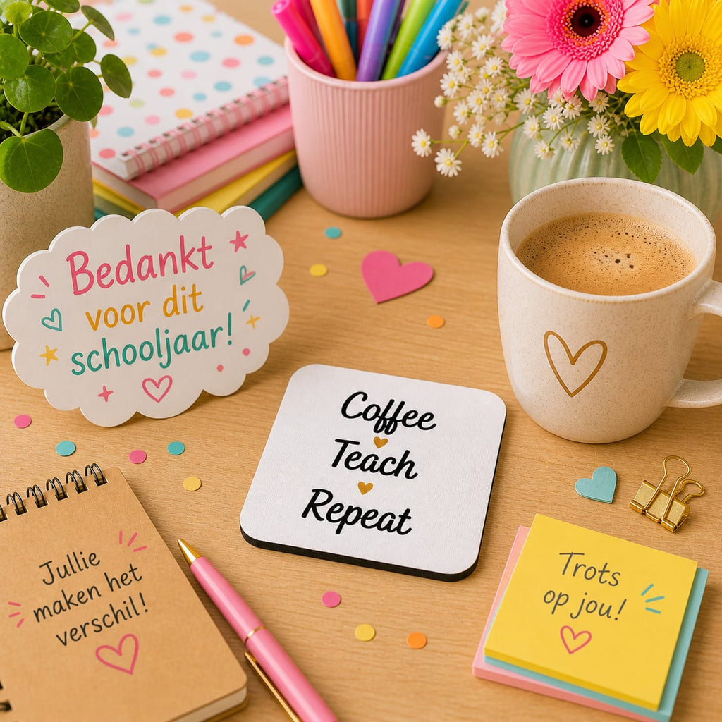 witte onderzetter met de tekst coffee teach repeat