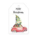 wit minikaartje met de tekst merry christmas en een kerstauto met boom op het dak
