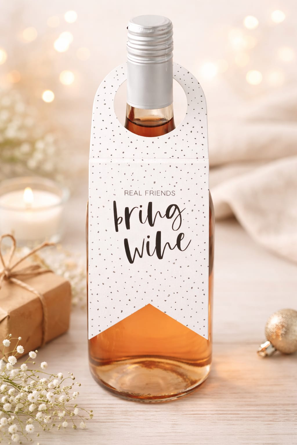 witte flessenhanger met de tekst real friends bring wine