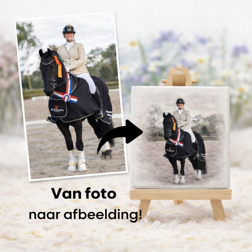 Eindresultaat van een foto met paard afgedrukt in aquarel stijl op een tegeltje