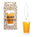 geurhanger in de vorm van een biertje en een doosje met de tekst van harte gefeliciteerd en de foto van een biertje